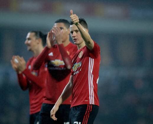 Manchester United ManU s Ander Herrera celebrates his sides victory at the end of the game during the FA Cup Fifth Round match at Ewood Park Stadium, Blackburn. Picture date: February 19th, 2017. Pic credit should read: Clint Hughes Sportimage EDITORIAL USE ONLY. No use with unauthorised audio, video, data, fixture lists, club league logos or live services. Online in-match use limited to 120 images, no video emulation. No use in betting, games or single club league player publications.