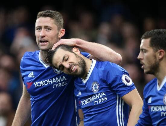 Chelsea s Cesc Fabregas celebrates scoring his sides opening goal during the Premier League match at the Stamford Bridge Stadium, London. Picture date February 25th, 2017 Pic David Klein Sportimage EDITORIAL USE ONLY. No use with unauthorised audio, video, data, fixture lists, club league logos or live services. Online in-match use limited to 120 images, no video emulation. No use in betting, games or single club league player publications.