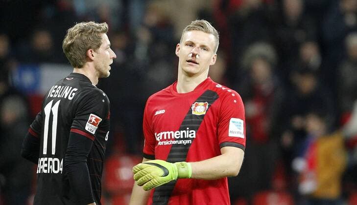 Leverkusen, Bayarena, 10.03.17: Torwart Bernd Leno (Bayer 04 Leverkusen) mit einer Verletzung an der Nase im Spiel der 1. Bundesliga zwischen Bayer 04 Leverkusen vs. Werder Bremen in der Saison 2016 2017.