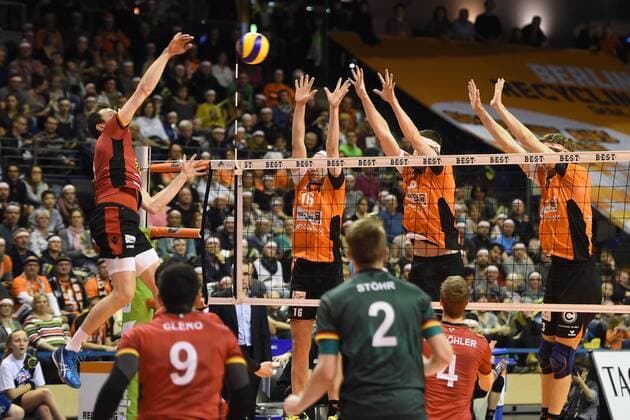Volleyball, Herren, Saison 2016 17, 1. Bundesliga, Playoff, Viertelfinale, 1. Spiel, BR Volleys - TV Ingersoll Bühl, Slawomir Jungiewicz (Nr. 1, TV Ingersoll Bühl), Wouter ter Maat (Nr. 16, Berlin Recycling Volleys), Graham Vigrass (Nr. 8, Berlin Recycling Volleys), Robert Kromm (Nr. 3, Berlin Recycling Volleys), 18.03.17,