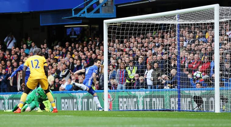 Chelsea s Cesc Fabregas scoring his sides opening goal during the Premier League match at the Stamford Bridge Stadium, London. Picture date: April 1st, 2017. Pic credit should read: David Klein Sportimage via PA Images EDITORIAL USE ONLY. No use with unauthorised audio, video, data, fixture lists, club league logos or live services. Online in-match use limited to 120 images, no video emulation. No use in betting, games or single club league player publications.