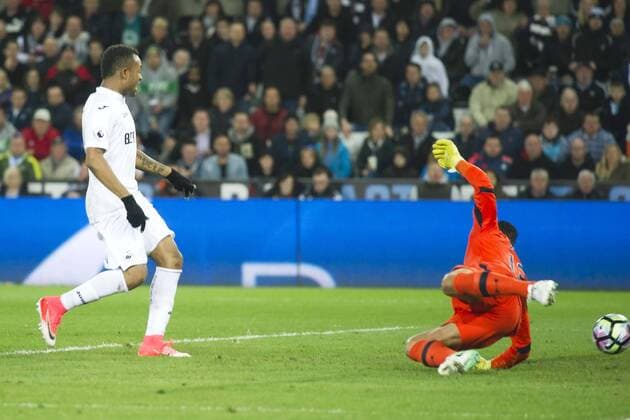 Football - 2016 2017 Premier League - Swansea City vs. Tottenham Hotspur Jordan Ayew of Swansea shoots wide of Michel Vorm of Tottenham Hotspurs , at The Liberty Stadium. COLORSPORT WINSTON BYNORTH