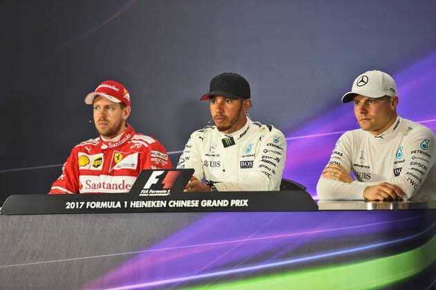 Lewis Hamilton (GB 44), Mercedes AMG Petronas Motorsport, Valtteri Bottas (FIN 77), Mercedes AMG Petronas Motorsport, Sebastian Vettel (GER 5), Scuderia Ferrari, Grosser Preis von China 2017, Qualifying, Motorsport, Formel 1,08.04.2017, Shanghai Copyright: xAndre Eibner-Pressefotox EP_JAE