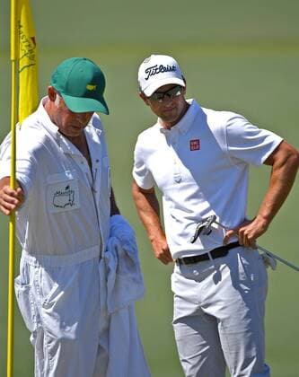 April 9, 2017 - Augusta, GA, USA - Adam Scott, left and his caddie, Steve Williams, left, study his line to the pin on the second green during the final round of the Masters Tournament on Sunday, April 9, 2017 at Augusta National Golf Club in Augusta, Ga. 2017 Masters Round 4 - ZUMAm67_ 20170409_zaf_m67_040 Copyright: xJeffxSinerx