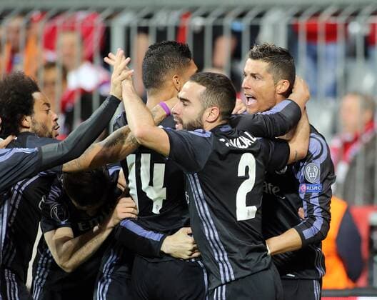 Fussball, Saison 2016 2017, Champions League, Viertelfinale, Hinspiel, FC Bayern München - Real Madrid, 12.04.2017, v.l. Aktion, Freude, jubeln, Jubel nach Tor zum 1-1, Marcelo Vieira, Real Madrid, Carlos Henrique Casemiro, Real Madrid, Daniel Carvajal, Real Madrid, Torschuetze Cristiano Ronaldo, Real Madrid, xklausxschillingerx