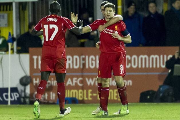 Steven Gerrard of Liverpool celebrates scoring his second goal during the The FA Cup match between AFC Wimbledon and Liverpool at the Cherry Red Records Stadium, Kingston, England on 5 January 2015. Copyright: xGarethxxBrownx 01320022