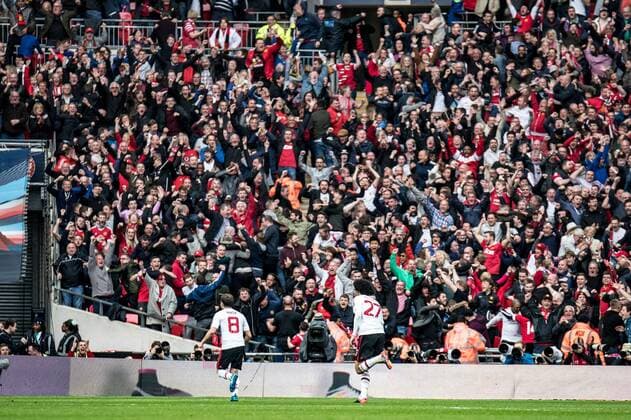 Juan Mata of Manchester United ManU scores and celebrates towards the fans during the The FA Cup 2016 Final match between Crystal Palace and Manchester United at Wembley Stadium, London, England on the 21st May 2016. Copyright: xLiamxMcAvoyx 10250033