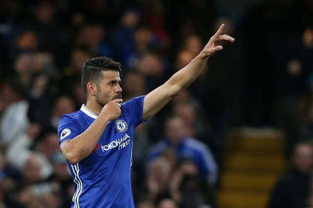 Chelsea s Diego Costa celebrates scoring his sides third goal during the Premier League match at Stamford Bridge Stadium, London. Picture date: April 25th, 2017. Pic credit should read: David Klein Sportimage EDITORIAL USE ONLY. No use with unauthorised audio, video, data, fixture lists, club league logos or live services. Online in-match use limited to 120 images, no video emulation. No use in betting, games or single club league player publications.