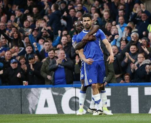 Chelsea s Diego Costa celebrates scoring his sides opening goal during the Premier League match at Stamford Bridge Stadium, London. Picture date: May 8th, 2017. Pic credit should read: David Klein Sportimage EDITORIAL USE ONLY. No use with unauthorised audio, video, data, fixture lists, club league logos or live services. Online in-match use limited to 120 images, no video emulation. No use in betting, games or single club league player publications.