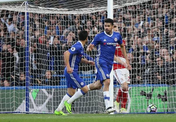 Chelsea s Diego Costa celebrates scoring his sides opening goal during the Premier League match at Stamford Bridge Stadium, London. Picture date: May 8th, 2017. Pic credit should read: David Klein Sportimage EDITORIAL USE ONLY. No use with unauthorised audio, video, data, fixture lists, club league logos or live services. Online in-match use limited to 120 images, no video emulation. No use in betting, games or single club league player publications.