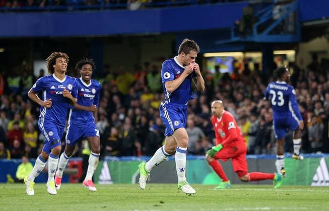 Chelsea s Cesar Azpilicueta celebrates scoring his sides second goal during the Premier League match at Stamford Bridge Stadium, London. Picture date: May 15th, 2017. Pic credit should read: David Klein Sportimage EDITORIAL USE ONLY. No use with unauthorised audio, video, data, fixture lists, club league logos or live services. Online in-match use limited to 120 images, no video emulation. No use in betting, games or single club league player publications.