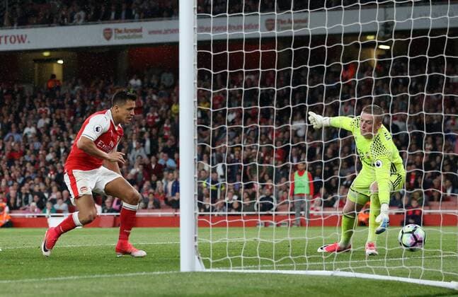 Arsenal s Alexis Sanchez scoring his sides opening goal during the Premier League match at the Emirates Stadium, London. Picture date: May 16th, 2017. Pic credit should read: David Klein Sportimage EDITORIAL USE ONLY. No use with unauthorised audio, video, data, fixture lists, club league logos or live services. Online in-match use limited to 120 images, no video emulation. No use in betting, games or single club league player publications.