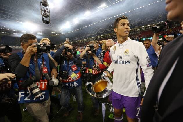 Real Madrid s Cristiano Ronaldo celebrates with the trophy during the Champions League Final match at the Principality Stadium, Cardiff. Picture date: June 3rd, 2017. Pic credit should read: David Klein Sportimage EDITORIAL USE ONLY. No use with unauthorised audio, video, data, fixture lists, club league logos or live services. Online in-match use limited to 120 images, no video emulation. No use in betting, games or single club league player publications.