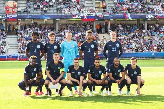 June 19, 2017 - Kielce, Poland - Nathaniel Chalobah (ENG), John Swift (ENG), Jordan Pickford (ENG), Mason Holgate (ENG), Alfie Mawson (ENG), Tammy Abraham (ENG), James Ward-Prowse (ENG), Calum Chambers (ENG), Lewis Baker (ENG), Nathan Redmond (ENG), Ben Chilwell (ENG) during the UEFA U-21 European Championship EM Europameisterschaft Group A football match Slovakia vs England in Kielce, Poland on June 19, 2017. Slovakia v England - 2017 UEFA European Under-21 Championship - ZUMAn230 20170619_zaa_n230_476 Copyright: xFotoxOlimpikx