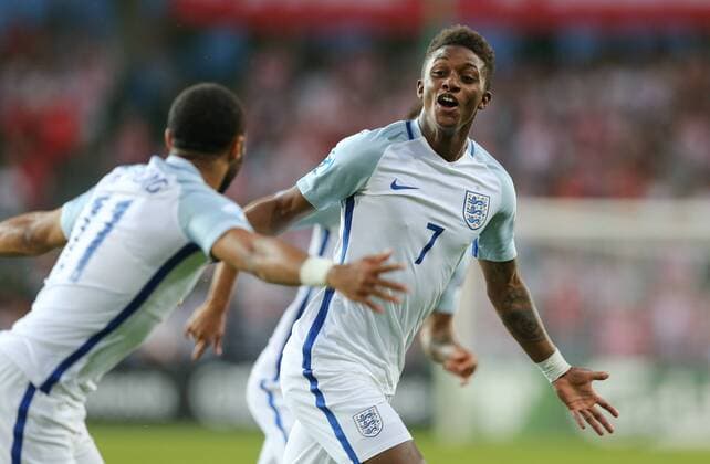 22.06.2017, Kielce, pilka nozna, Mistrzostwa Europy U21 U 21 Anglia - Polska, Demarai Gray (ENG), radosc, bramka, celebration, goal, UEFA Under21 Championship, England - Poland, fot. Tomasz Jastrzebowski Foto Olimpik NEWSPIX.PL --- Newspix.pl 20170622toja39