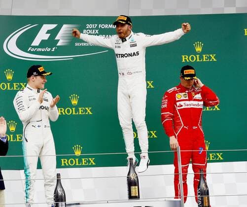 Lewis Hamilton (GB 44), Mercedes AMG Petronas Motorsport, Kimi Raikkonen (FIN 7), Scuderia Ferrari, Valtteri Bottas (FIN 77), Mercedes AMG Petronas Motorsport, Grosser Preis von England 2017, Rennen, Motorsport, Formel 1, 16.07.2017, Silverstone Copyright: xAndre Eibner-Pressefotox EP_JAE