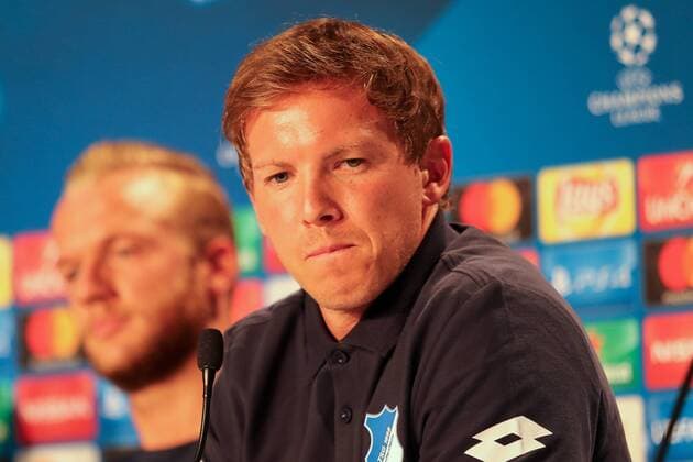 v.li.: Kevin Vogt (Hoffenheim, 22), Julian Nagelsmann (Trainer, Cheftrainer, Hoffenheim), bei der Pressekonferenz am Vortag des Spiels, Abschlusspressekonferenz, PK, press conference PK Pressekonferenz Pressetermin, Medientermin, Fussball, UEFA Champions League Qualifikation, MD-1, TSG 1899 Hoffenheim - FC Liverpool, xozx