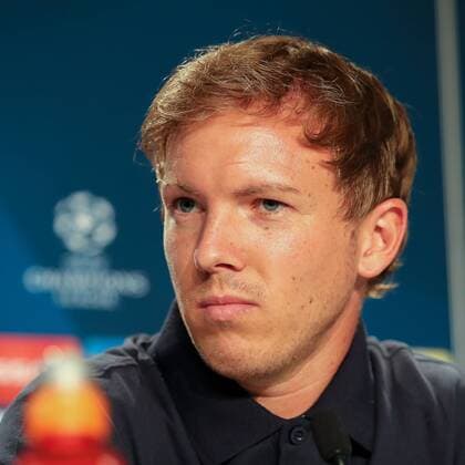 Julian Nagelsmann (Trainer, Cheftrainer, Hoffenheim), bei der Pressekonferenz am Vortag des Spiels, Abschlusspressekonferenz, PK, press conference PK Pressekonferenz Pressetermin, Medientermin, Porträt, Portrait, Einzelbild, Fussball, UEFA Champions League Qualifikation, MD-1, TSG 1899 Hoffenheim - FC Liverpool, xozx