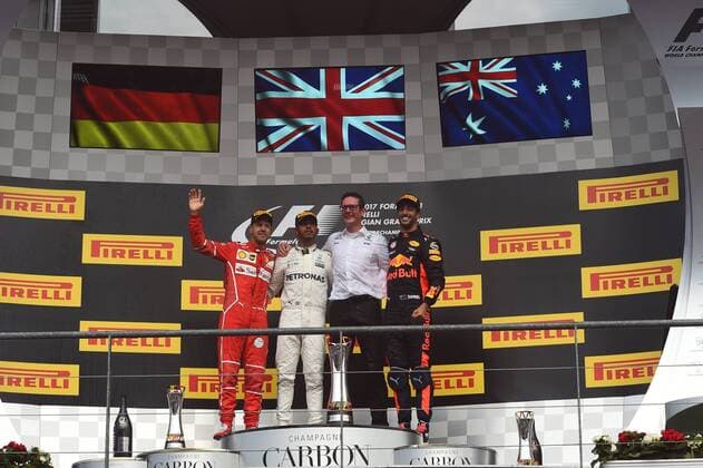 Daniel Ricciardo (AUS 3), Red Bull Racing, Sebastian Vettel (GER 5), Scuderia Ferrari, Lewis Hamilton (GB 44), Mercedes AMG Petronas Motorsport, Grosser Preis von Belgien 2017, Rennen, Motorsport, Formel 1, 27.08.2017, Spa-Francorchamps Copyright: xEIBNER JERRYxANDREx EP_JAE