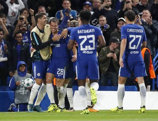 Chelsea s Cesar Azpilicueta celebrates scoring his sides third goal during the champions league match at Stamford Bridge Stadium, London. Picture date 12th September 2017. Picture credit should read: David Klein Sportimage EDITORIAL USE ONLY. No use with unauthorised audio, video, data, fixture lists, club league logos or live services. Online in-match use limited to 120 images, no video emulation. No use in betting, games or single club league player publications.