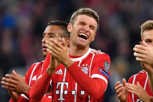 Schlussjubel Thomas MUELLER (MÜLLER,Bayern Muenchen),lacht,lachen,lachend,optimistisch,gutgelaunt, Jubel,Freude,Begeisterung,Aktion. FC Bayern Muenchen-RSC Anderlecht 3-0. Fussball Champions League,Gruppenphase, am 12.09.2017. A L L I A N Z A R E N A.