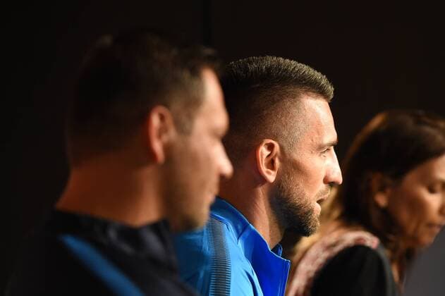 Fussball, Herren, 2017 18, UEFA EuroLeague, Hertha BSC, Pressekonferenz, Cheftrainer Pal Dardai (Hertha BSC), Vedad Ibisevic (Nr. 19, Hertha BSC), 13.09.17, Copyright: xMichaelxHundtx xMatthiasxKochx