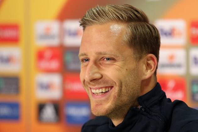 Oliver Baumann (Torwart, Hoffenheim, 1), Porträt, Portrait, Einzelbild, Aktion, Action, bei der Pressekonferenz am Vortag des Spiels, Abschlusspressekonferenz, PK, press conference PK Pressekonferenz Pressetermin, Medientermin, Fussball, UEFA Europa League, MD-1, TSG 1899 Hoffenheim - SC Braga,