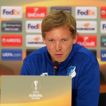 Julian Nagelsmann (Trainer, Cheftrainer, Hoffenheim), Porträt, Portrait, Einzelbild, Aktion, Action, bei der Pressekonferenz am Vortag des Spiels, Abschlusspressekonferenz, PK, press conference PK Pressekonferenz Pressetermin, Medientermin, Fussball, UEFA Europa League, MD-1, TSG 1899 Hoffenheim - SC Braga,
