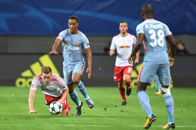 Fussball, Herren, Saison 2017 2018, Champions League (Gruppe G, 1. Spieltag), RB Leipzig - AS Monaco, Marcel Halstenberg (Nr. 23, RB Leipzig), Youri Tielemans (Nr. 17, AS Monaco), Diego Demme (Nr. 31, RB Leipzig), Almamy Toure (Nr. 38, AS Monaco), 13.09.2017, Copyright: xMatthiasxKochx