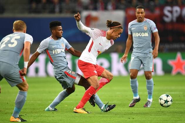 Fussball, Herren, Saison 2017 2018, Champions League (Gruppe G, 1. Spieltag), RB Leipzig - AS Monaco, Jemerson (Nr. 5, AS Monaco), Yussuf Poulsen (Nr. 9, RB Leipzig), 13.09.2017, Copyright: xMatthiasxKochx