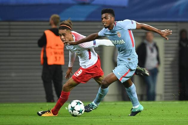 Fussball, Herren, Saison 2017 2018, Champions League (Gruppe G, 1. Spieltag), RB Leipzig - AS Monaco, Yussuf Poulsen (Nr. 9, RB Leipzig), Jemerson (Nr. 5, AS Monaco), 13.09.2017, Copyright: xMatthiasxKochx