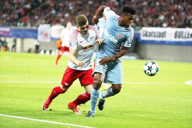 RB Leipzig - Monaco Fussball Champions League Leipzig, 13.09.2017, Red Bull Arena, Fussball, UEFA Champions League, Gruppe G, 1.Spieltag , RB Leipzig vs. AS Monaco , Im Bild von links; Marcel Sabitzer (7, RB Leipzig) und Jemerson (5, Monaco). ,