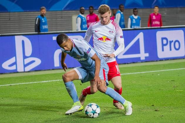 v.li.: Jorge Marco de Oliveira Moraes (AS Monaco, 6), Timo Werner (RB Leipzig, 11); Zweikampf, Duell, Aktion, action, Fußball, Männer, UEFA Champions League, RB Leipzig - AS Monaco,