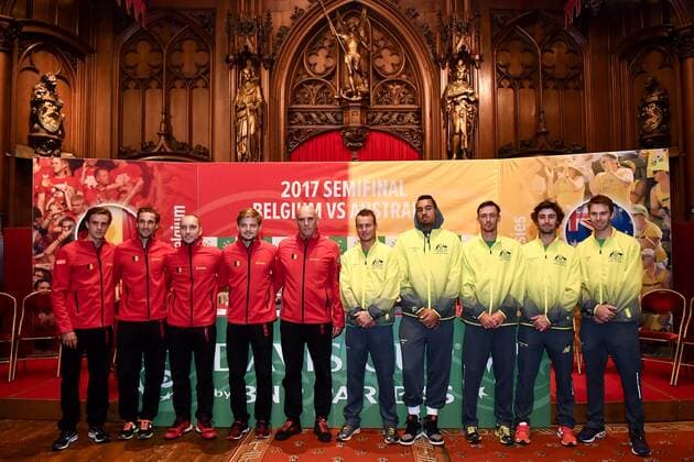 Belgian Arthur De Greef, Belgian Ruben Bemelmans, Belgian Steve Darcis, Belgian David Goffin, Belgian captain Johan Van Herck, Australian captain Lleyton Hewitt, Australian Nick Kyrgios , Australian John Millman, Australian Jordan Thompson and Australian John Peers pose for the photographer at the draw of the schedule for the Davis Cup World Group semi-final between Belgium and Australia, Thursday 14 September 2017, in Brussels. The Davis Cup game will be played from 15 to 17 September 2017 in Brussels. DIRKxWAEM x05164366x