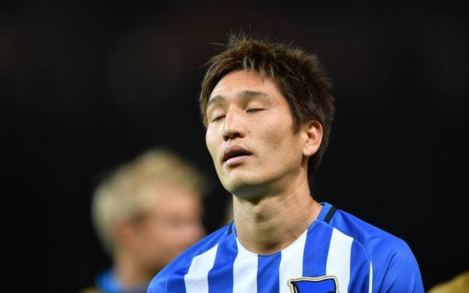 Genki Haraguchi (Hertha BSC), nach dem Spiel immer noch enttäuscht wegen seiner entgangenen Torchance Hertha BSC Berlin - Athletic Bilbao Europa League, Gruppenphase, 1. Spieltag, Fußball, Fussball, soccer, Herren, Männer, Maenner, Deutschland, Germany Berlin, 14.9.2017, Olympiastadion