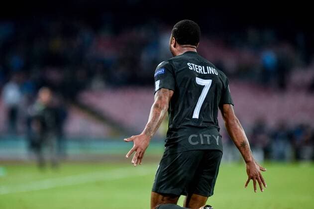 Raheem Sterling of Manchester City celebrates scoring fourth goal during the UEFA Champions League group F match between Napoli and Manchester City at Stadio San Paolo Naples Italy on 1 November 2017 Photo by Giuseppe Maffia xGiuseppexMaffiax xUKSPx AFP7x xNapolixvxManchesterxCity,xItaly,xNovx1thx2017x