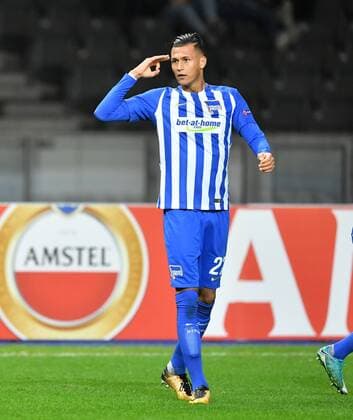Davie Selke (Hertha BSC), jubelt nach seinem Tor zum 2:0 Hertha BSC Berlin - Sorja Luhansk Europa League, Gruppenphase, 1. Spieltag, Fußball, Fussball, soccer, Herren, Männer, Maenner, Deutschland, Germany Berlin, 2.11.2017, Olympiastadion