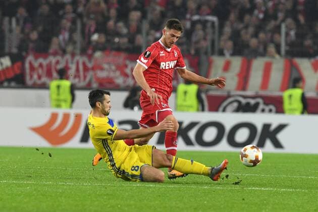 Fussball, Herren, UEFA Europa pokal , Saison 2017 2018, FC Koeln vs BATE Borisov , 02.11.2017, Rheinenergiestadion, Köln, Salih Özcan, FC Koeln, Aleksandr Volodko, FC BATE Borisov,