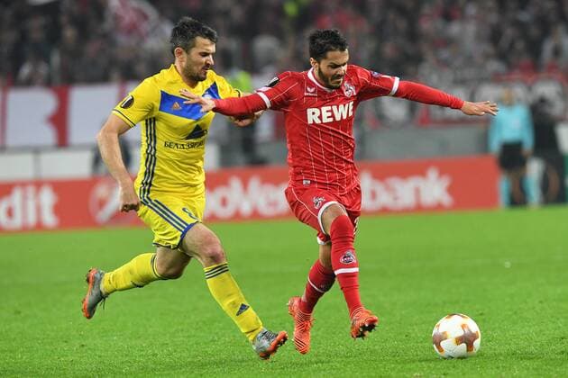 Fussball, Herren, UEFA Europa pokal , Saison 2017 2018, FC Koeln vs FC BATE Borisov , 02.11.2017, Rheinenergiestadion, Köln, Leonardo Bittencourt, FC Koeln, Aleksandr Volodko, BATE Borisov ,