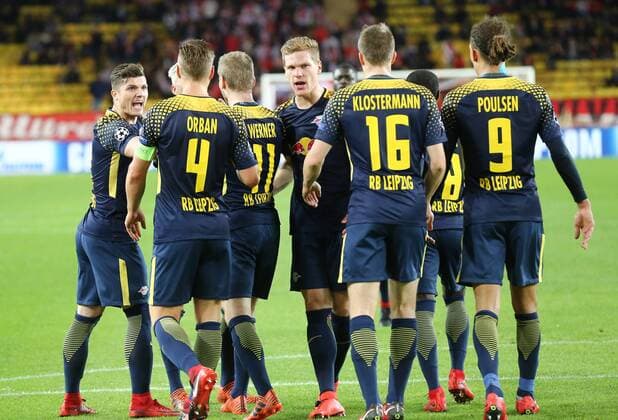 AS Monaco - RB Leipzig Fussball Champions League Monaco, 21.11.2017, Stade Louis II, Fussball, Champions League, Gruppe G, 5. Spieltag , AS Monaco vs. RB Leipzig 1:4 (1:4) , Im Bild v.l.: Marcel Sabitzer, Willi Orban, Timo Werner, Marcel Halstenberg, Lukas Klostermann und Yussuf Poulsen (alle RB Leipzig). ,