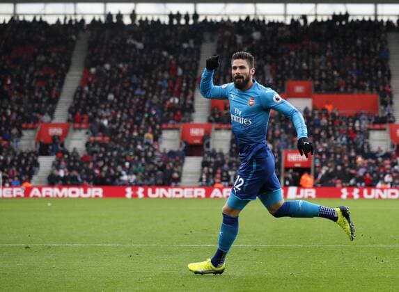 Arsenal s Olivier Giroud celebrates scoring his sides opening goal during the premier league match at St Mary s Stadium, Southampton. Picture date 10th December 2017. Picture credit should read: David Klein Sportimage EDITORIAL USE ONLY. No use with unauthorised audio, video, data, fixture lists, club league logos or live services. Online in-match use limited to 120 images, no video emulation. No use in betting, games or single club league player publications.