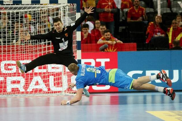 European Handball Championship, Group C, 1st round, Macedonia - Slovenia 13.01.2018., Croatia, Arena Zagreb, Zagreb - European Handball Championship, Group C, 1st round, Macedonia - Slovenia. Mitrevski Nikola , BLAGOTINSEK Blaz DaliborxUrukalovic PIXSELL