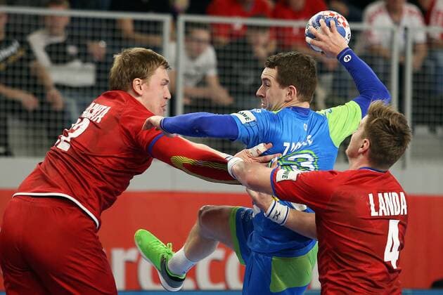 European Handball Championship, Group II, 3rd round, Slovenia - Czech Republic 24.01.2018., Arena Varazdin, Varazdin, Croatia - 2018 European Men s Handball Championship, Group II, 3rd round, Slovenia - Czech Republic. Peter Slachta, Miha Zarabec, Jan Landa GoranxStanzl PIXSELL