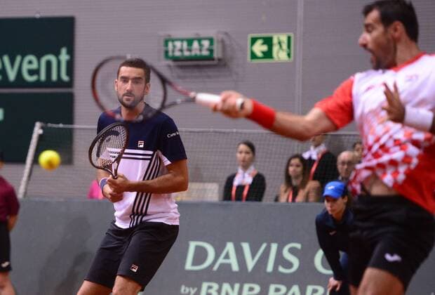 PXL_Davis Cup, first round, Croatia - Canada, doubles 03.02.2018., Gradski vrt, Osijek, Croatia - Davis Cup by BNP Paribas first round, Croatia - Canada, doubles, Marin Cilic, Ivan Dodig - Daniel Nestor, Vasek Pospisil. Marin Cilic, Ivan Dodig. MarkoxPrpic PIXSELL