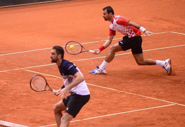 PXL_Davis Cup, first round, Croatia - Canada, doubles 03.02.2018., Gradski vrt, Osijek, Croatia - Davis Cup by BNP Paribas first round, Croatia - Canada, doubles, Marin Cilic, Ivan Dodig - Daniel Nestor, Vasek Pospisil. Marin Cilic, Ivan Dodig. MarkoxPrpic PIXSELL