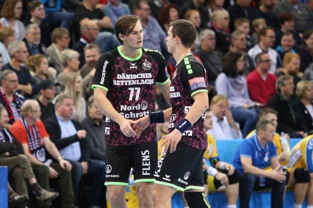 SG Flensburg-Handewitt - PGE Vive Kielce, EHF Champions League; Flensburg, 11.02.18 Flensburg, 11.02.18, Handball, VELUX EHF Champions League, Saison 2017 2018, Gruppenphase, SG Flensburg-Handewitt - PGE Vive Kielce : Magnus Roed (SG Flensburg-Handewitt, 77), Rasmus Lauge Schmidt (SG Flensburg-Handewitt, 25)
