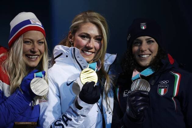PyeongChang 2018, Ski Alpin, Riesenslalom der Damen, Siegerehrung OLYMPICS - 2018 Winter Olympics PYEONGCHANG,SOUTH KOREA,15.FEB.18 - OLYMPICS, ALPINE SKIING - Olympic Winter games Winterspiele Spiele Summer games PyeongChang 2018, medal plaza, slalom, ladies, award ceremony. Image shows Ragnhild Mowinckel (NOR), Mikaela Shiffrin (USA) and Federica Brignone (ITA). GEPAxpictures xAndreasxPranter