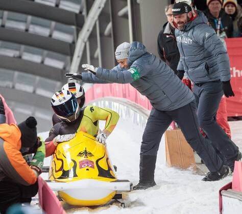 19.02.2018, Olympic Sliding Centre, Pyeongchang, KOR, PyeongChang 2018, Bob, Zweisitzer, Herren, im Bild Francesco Friedrich, Thorsten Margis (GER, 1. Platz) gold medalist and Olympic champion Francesco Friedrich Thorsten Margis of Germany during the mens doubles Bobsleigh of the Pyeongchang 2018 Winter Olympic Games Olympische Spiele Olympia OS at the Olympic Sliding Centre in Pyeongchang, South Korea on 2018 02 19. Pyeongchang