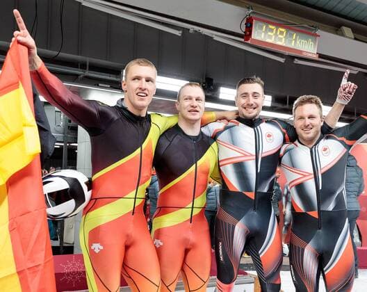 19.02.2018, Olympic Sliding Centre, Pyeongchang, KOR, PyeongChang 2018, Bob, Zweisitzer, Herren, im Bild Francesco Friedrich, Thorsten Margis (GER, 1. Platz), Justin Kripps, Alexander Kopacz (CAN, 1. Platz) gold medalist and Olympic champion Francesco Friedrich Thorsten Margis of Germany an Justin Kripps Alexander Kopacz of Canada during the mens doubles Bobsleigh of the Pyeongchang 2018 Winter Olympic Games Olympische Spiele Olympia OS at the Olympic Sliding Centre in Pyeongchang, South Korea on 2018 02 19. Pyeongchang