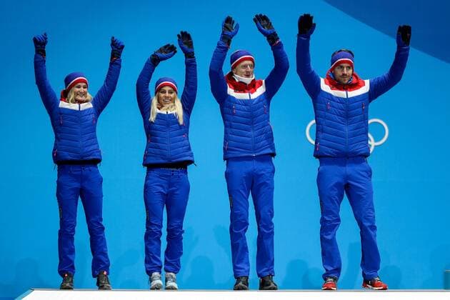 OLYMPICS - 2018 Winter Olympics PYEONGCHANG,SOUTH KOREA,21.FEB.18 - OLYMPICS,BIATHLON - Olympic Winter games Winterspiele Spiele Summer games PyeongChang 2018, Medals Plaza, 2 x 6km and 2 x 7,5km, mixed relay, award ceremony. Image shows the rejoicing of Marte Olsbu, Tiril Eckhoff, Johannes Thingnes Boe, Emil Hegle Svendsen (NOR). GEPAxpictures xMaticxKlansek